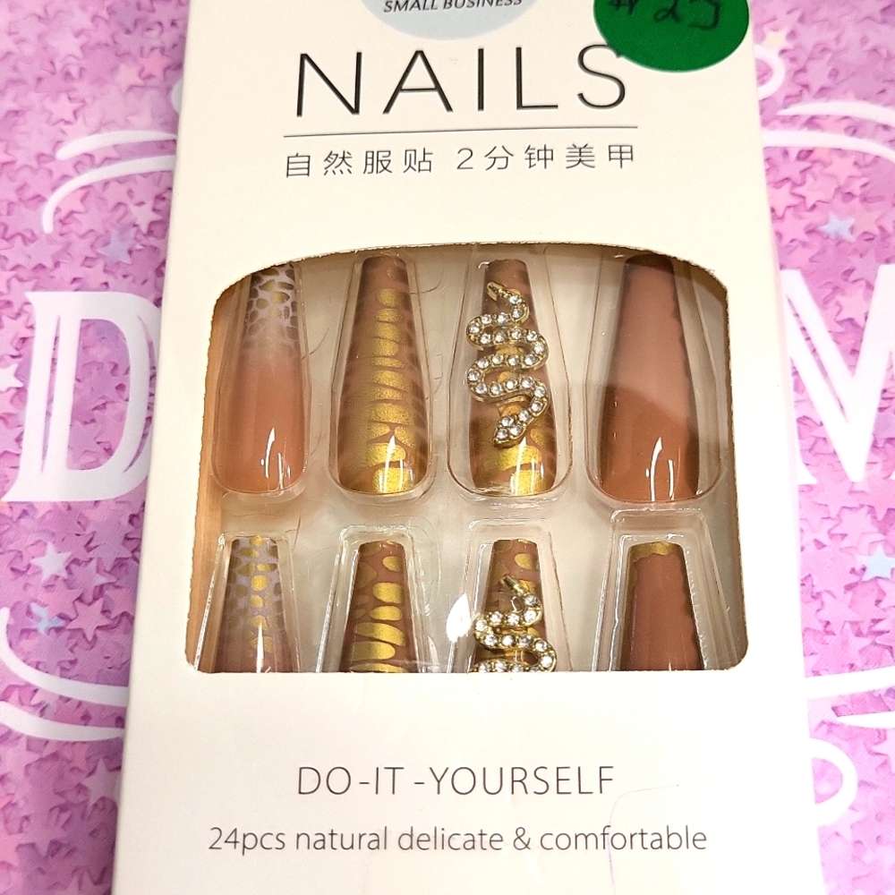 Press On Nails - Snake Gold And Natural Tone XLong